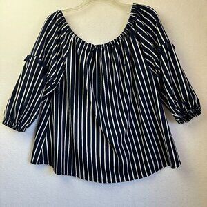 Lane Bryant top women 14/16 off‎ the shoulder blue white stripe nautical tassels